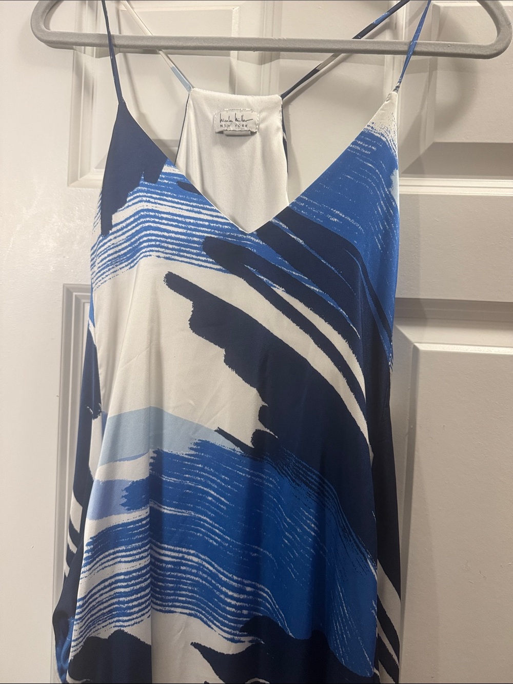 Nicole Miller Blue & White Abstract Maxi Dress with Spaghetti Straps
